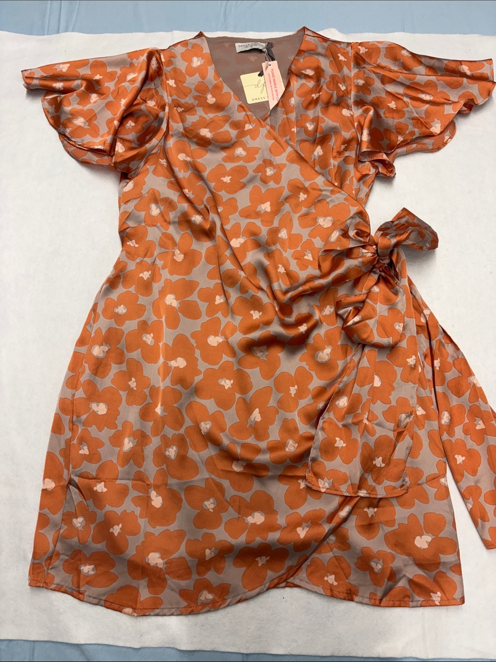 Dress Forum LA Orange Floral Wrap Flutter Sleeve Dress Gorgeous NWT Size M